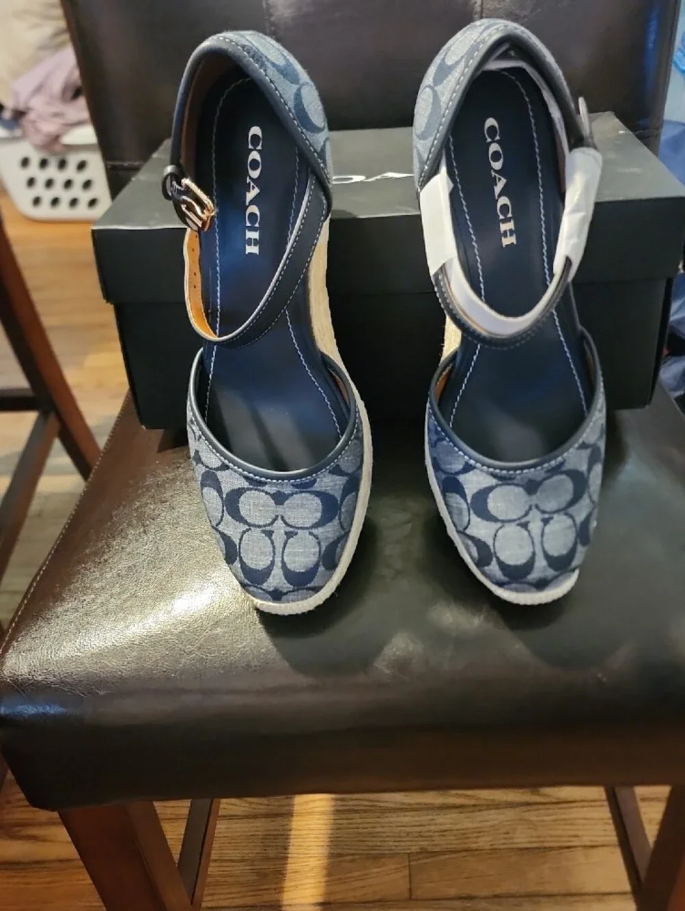 Coach Blue Signature Canvas Espadrille Wedge Sandals with Ankle Strap